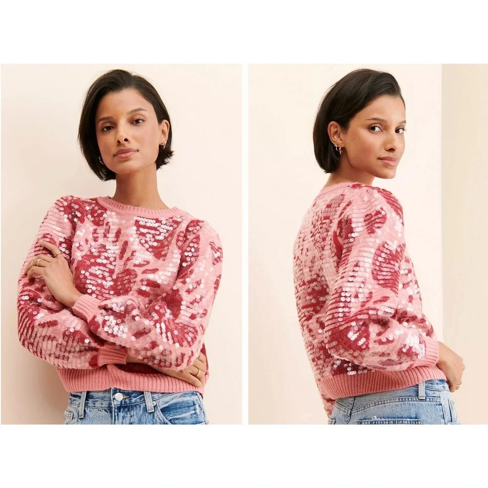 Farm Rio Sequin Hearts Knit‎ Sweater Small Pink Red Wool Blend Love Puff Sleeves